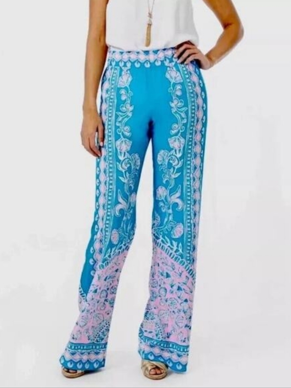 Lilly Pulitzer Bal Harbour Palazzo Turquoise and Pink Pants NEW